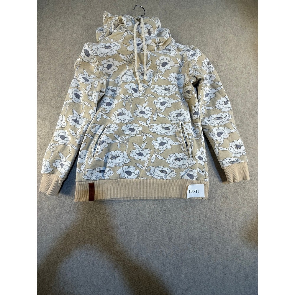 Ampersand Avenue Floral Hoodie Tan White Crossover‎ Neck Sweatshirt Small T1571